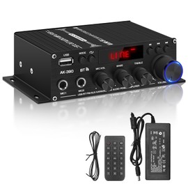 JeTuvlie Stereo Amplifier Receiver AK-390,AMP Speaker Bluetooth 5.0 Amplifier 400W +400W 2 Channels with 12V/5A Power Amplifier Sound HiFi Amplifier FM Radio,(BT,USB, AUX, Mic)Input for Home Bar Party