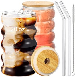 2 Pcs 20oz Drinking Glasses Set with Bamboo Lids and Straws, Cute Iced Coffee Glass Cups, Iced Coffee Tumblers, Thick Drinking Jars for Smoothie, Boba Milk Tea, Ideal for Gift, with Straw Brush