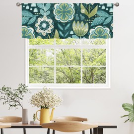 MitoVilla Teal Blue Boho Valance Curtains for Living Room, Abstract Plant Pattern Semi Sheer Kitchen Valances for Windows, Turquoise Rod Pocket Short Window Treatment Decor, 52x18