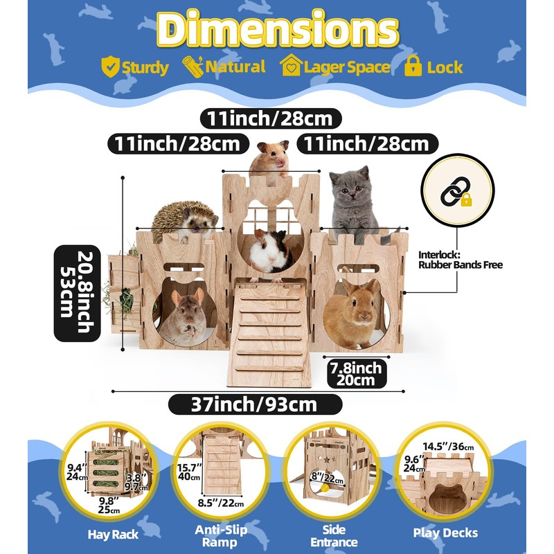 LEXASTLE Larger Bunny Castle Sturdy Walnut Color Wooden Rabbit Hideout