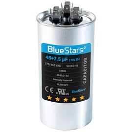 BlueStars 45+7.5 MFD uf 370 o 440 V AC Condensador redondo de doble funcionamiento CBB65A, compatible con acondicionador de aire o condensador de bomba de calor