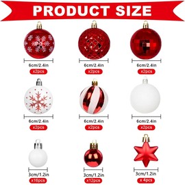 44 Pcs Red and White Christmas Decorations, Christmas Tree Decorations, Sparkling Christmas Tree Baubles Festive Hanging Baubles for Christmas Trees, Christmas Baubles for Xmas Decoration