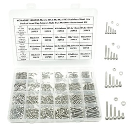 MCMASKE 1200PCS M1.6 M2 M2.5 M3 Stainless Steel Hex Socket Head Cap Screws Nuts Flat Washers Assortment Kit