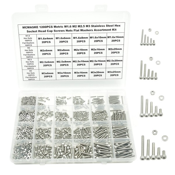 MCMASKE 1200PCS M1.6 M2 M2.5 M3 Stainless Steel Hex Socket