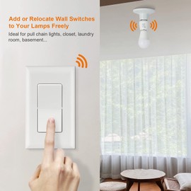 Suraielec Remote Control Light Bulb Socket, Wall Mount Switch, E26 E27 Lamp Socket, No Wiring, 100FT Range, Wireless Light Switch for Lamps, Pull Chain Light Fixture, Pull String (Shorter Version)