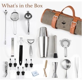 Trendy Bartender Portable Roll Canvas Bar Tools Storage Bag with 24 Stainless Steel Tools