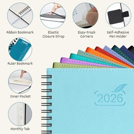 BEZEND 2026 Planner Weekly and Monthly (6" x 8.5" Spiral) Daily Calendar with Hourly Timeslots & Tabs (Jan-Dec) Note & Expenses, Pen Holder, Inner Pocket, Vegan Leather Softcover - Turquoise