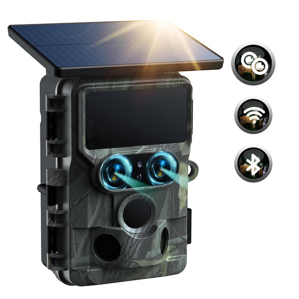 4K 30fps 60MP Solar WiFi Trail Camera, Starlight Night Vision Dual Lens Bluetooth Game Camera with 0.1S Trigger IMX458 Sensors Hunting Cam with 120° Wide-Angle IP66 Waterproof