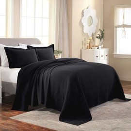 Modern Style 2 Piece Oversized Reversible Cotton Bedspread Twin Size | Intricate Jacquard Matelasse Weave Design All Seasons | Antique Jet Black Color Farmhouse Bedding Soft Plush Coverlet Set