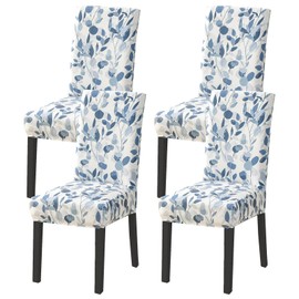 HZDHCLH Chair Covers, Set of 4 Chair Covers, Stretch, Removable, Washable, Dining Room Chair Protective Seat for Hotel, Restaurant, Kitchen, Wedding Party (Blue Leaves/4 Pieces)