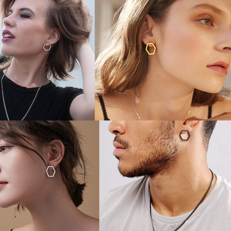 Mens Stud Earrings Hexagon Earrings Stud Women Men Unisex Earrings