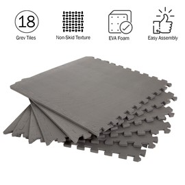 EVA Foam Mat Tiles 18-Pack - 72 SQ FT of Interlocking Padding for Garage, Playroom, or Gym Flooring - Workout Mat or Baby Playmat by Stalwart (Gray)