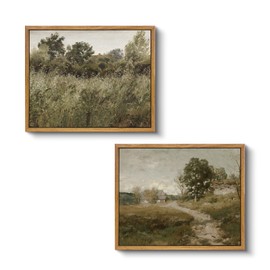 VIYYIEA Two Vintage Framed Wall Art, Country Road and Grassland Painting Decor Aesthetic, Small Canvas Print Artwork, Farmhouse Landscape Wall Pictures for Bedroom Barthroom, 9x11 Inch,Set of 2