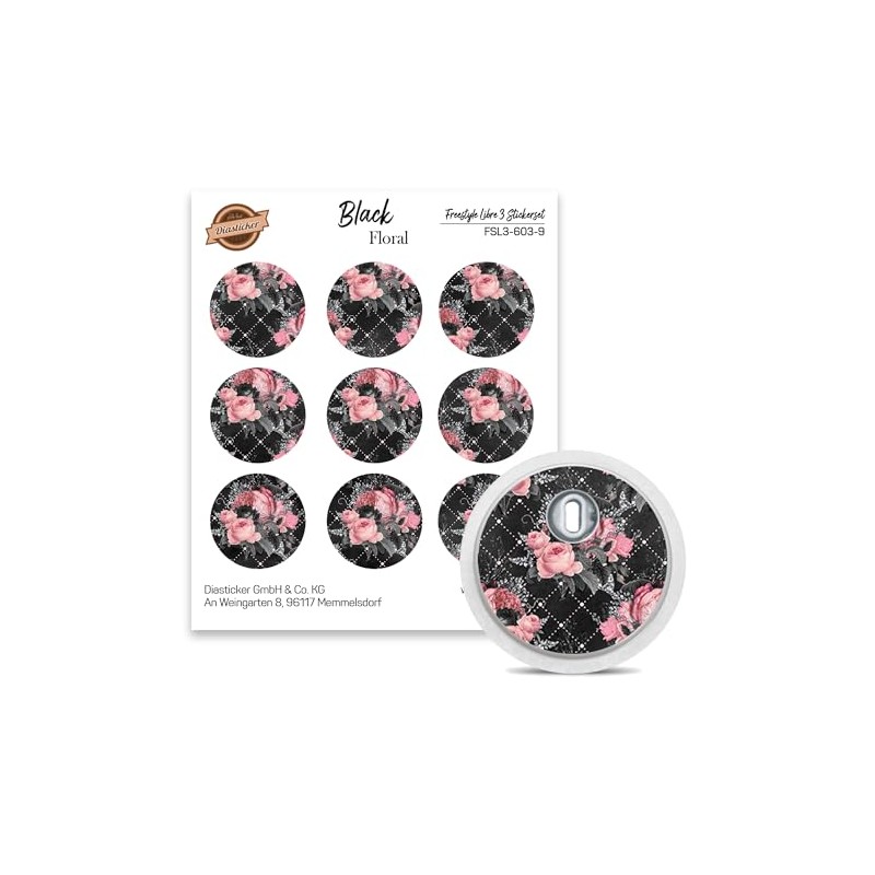 FreeStyle Libre 3 Sensor Stickers, Set of 9 "Black Floral",