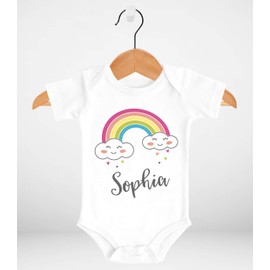 SpecialMe® Baby Bodysuit with Name Print Motif Rainbow Cloud Heart Short Sleeve Organic Cotton, Rainbow White