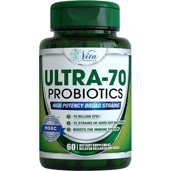 Vita Miracle Probiotics for Men Women Adults Digestive Health 70 Billion CFU Immune Support Best Daily Probiotic Supplement Organic Natural Prebiotic Dr Formulated for Gut Health with Acidophilus