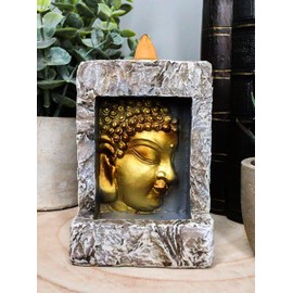 Ebros Gift Eastern Enlightenment Gautama Buddha Face in Faux Stone Mini Relief Bracket Backflow Incense Cone Burner Holder Figurine 4" High Buddhism Bodhisattva Feng Shui Zen