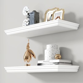 Axeman 24 Inch Floating Shelves for Wall, 9.3" Deep Crown Molding Wood Display Shelf with Heavy Duty Invisible Brackets for Living Room, Bedroom, Bathroom, Kitchen Decor & Storage, Set of 2, White