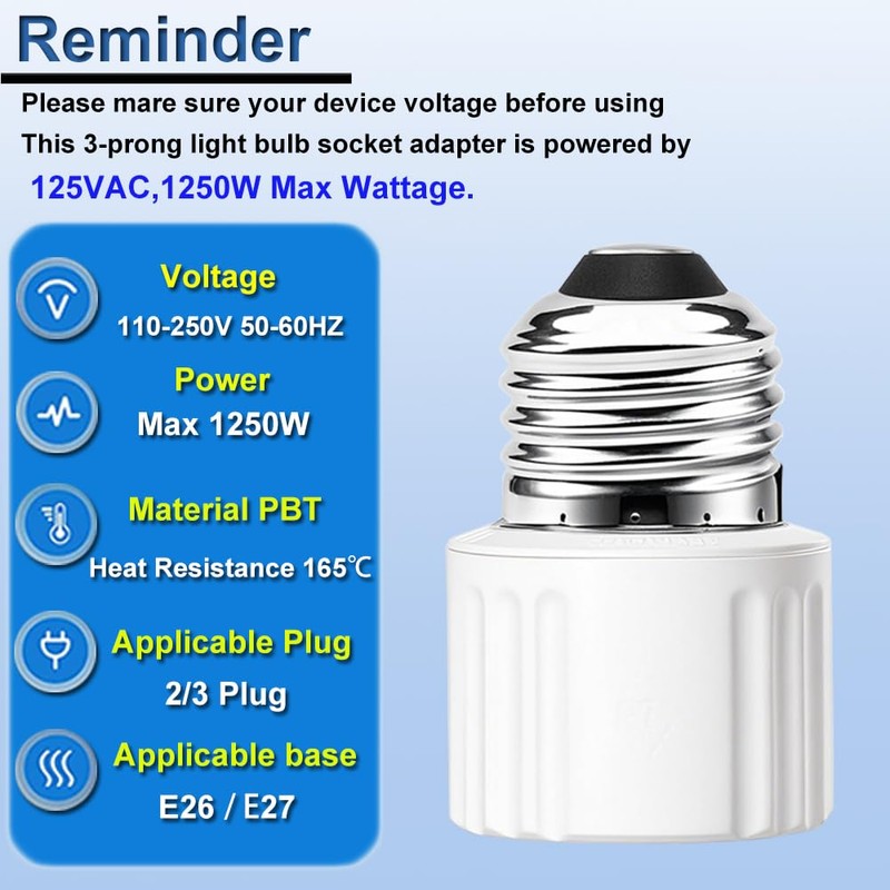 3 Packs Light Socket Plug Adapter,3 Prong Light Socket to