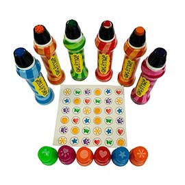 Thomas & Anca Club Supplies Ltd 6 x 35ml Bingo Dabbers for Bingo Tickets, 6 Jolly Bingo Dabbers Dabbers with 6 Colours and 6 Fun Dabbing Shapes Kids Craft Colouring