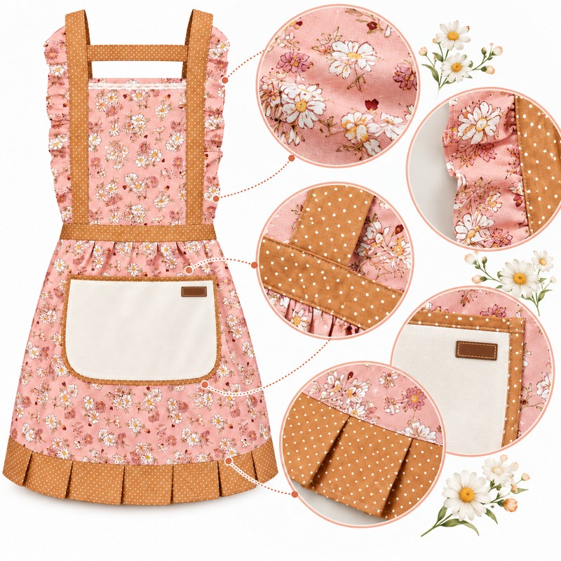 Retro Floral Canvas Apron for Kitchen Cooking – Ruffle Edge