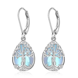 Tree of Life Earrings Moonstone Earrings for Women Sterling Silver 925 Teardrop Moonstone Family Tree Leverback Dangle Jewelry Christmas Valentines Gifts