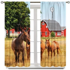 wlsgdsg Country Horse Decor Curtains for Kitchen,Vintage Farm Windmill Old Prairie Horse Farm Wild Farmhouse Cottage Horses Animals Window Drapes for Boys Girls Bedroom Living Room 42x45in