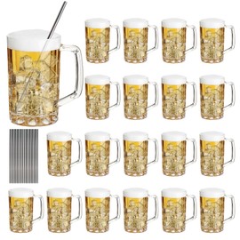 SENONAPO 20 Pcs Plastic Beer Mugs with Handles and 20 Stainless Steel Straws, Large Drinking Cups Reusable Clear Beer Stein Glasses Bulk for Bar, Home, and Party Beverages(16 oz)