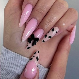 Pink Leopard Press on Nails Long Length Almond Tip False Nails 3D Black Bow Design Coffin Nails Leopard French Tip Nails Press Ons Full Cover Stick on Nails Artificial Glue on Nails for Women 24Pcs
