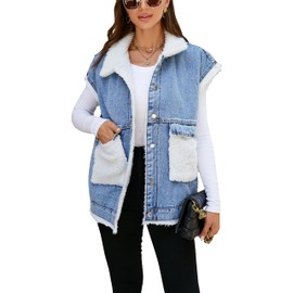 Lingjiazi Womens Loose Sherpa Fleece Lined Denim Vest Casual Sleeveless Button Down Jean Vest Jacket(0188-Blue-M)