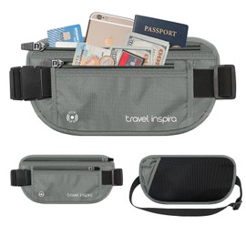 travel inspira Travel Money Belt with Anti-Theft Zippered Slim Travel Pouch RFID Blocking Passport Holder Hidden Travel Wallet under Clothes to Protect Credit Cash, Passports, and Documents, Grey