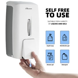 PLUSSEN Soap Dispenser Wall Mount Adhesive Commercial Soap Dispenser 800ml No Drill Hand Sanitizer Dispenser for Bathroom Support Liquid and Gel,White-PN9088