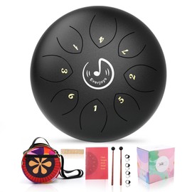 Rain Drum for Outside- Steel Tongue Drum 6 inch 8 Notes C-Key Handpan Drum Percussion Instrument Ethereal Drum w/Bag,Music Book and Mallets for Music Education,Yoga Meditation,Mind Healing(Black)