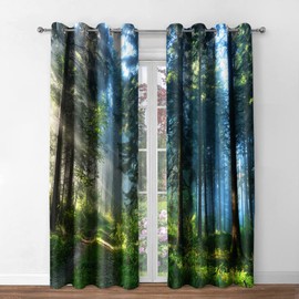 Jekeno Forest Tree Blackout Curtains - Blocking Window Curtain with Jungle Wild Weeds Nature Green Trees Scenery Print Decor Home Bedroom Living Room Grommet Window Drapes 2 Panel Set, 52"x63"