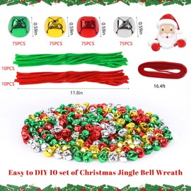 YBB 320Pcs Jingle Bell Wreath Ornaments Kit, 0.59inch Christmas Crisp Sound Bells for Craft with 20 Chenille Stems and Red Ribbon for Christmas Tree Party Decorations Kids DIY Crafts (4 Colors)