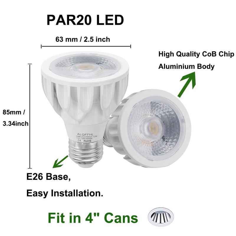 PAR20 LED Bulb 12W, Recessed Narrow Flood Light, Dimmable COB