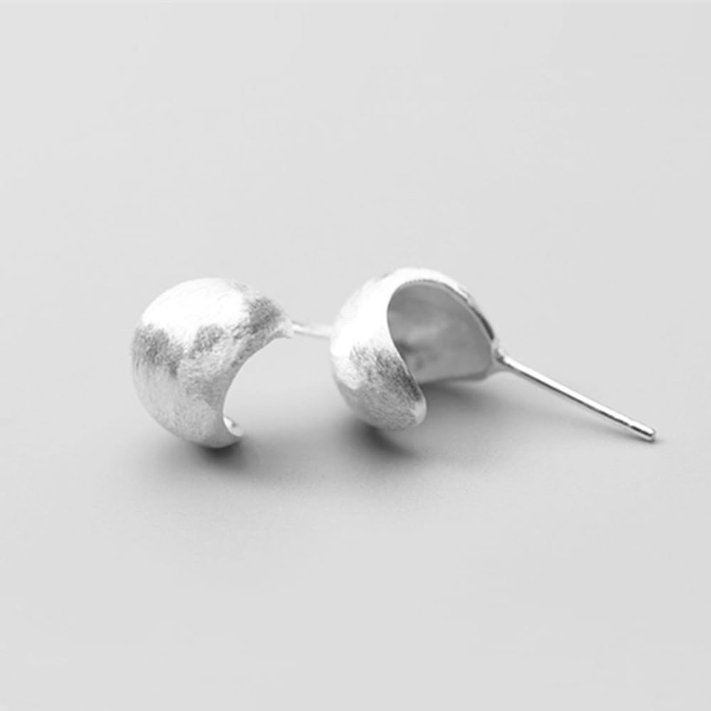 Sterling Silver Brushed Half Hoop Ball Bead Dome Drop Stud