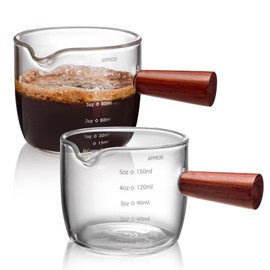 Realand 2 Pack 150ml/5oz Espresso Shot Glass, Single Spout with Wood Handle and V-Shaped Mouth Espresso Cups Clear Glass Measuring Cup Espresso Accessories Pitcher