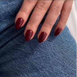 KQueenest Burgundy Red Press On Nails Short, Acrylic Nails for Sticking, Short Round, Plain Fake Nails, Almond Fingernails for Sticking, Shiny Gel False Nails for Women, Suitable for Everyday Use