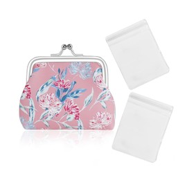 Benixmidart Coin Purse for Women, Mini Purse Change Purse Coin Pouch with Kiss Clasp Lock& 2 Clear Jewelry Bags, Floral PU Leather Coin Purses Small Pouches for Cash and Jewelry (Pink)