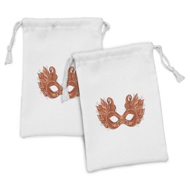 Lunarable Masquerade Fabric Pouch Set of 2, Ornate Mardi Gras Carnival with Feathers Festival Celebration Theme Artwork, Small Drawstring Bag for Toiletries Masks and Favors, 9" x 6", Orange