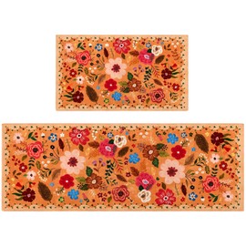 puwbnhj Kitchen Rugs and Mats Non Skid Washable Set of 2,Boho Floral Modern Farmhouse Bohemian Kitchen Runner Rugs with Rubber Backing for Kitchen Decor and Accessories (Orange 17"x47"+17"x30")