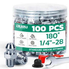 OURU 100PCS 1/4"-28 Grease Fittings Kit, SAE Zerk Grease Fittings Straight with Grease Fitting Caps & Wrench Kit(8mm) for Grease Gun
