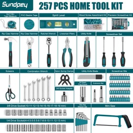Sundpey Sundpey Home Tool Kit 257-PCs - Household Basic Repair Tool Set for Men Women - General Hand Mechanic's Tool Set & Screwdriver Set & Wrench Set & Socket & Portable Tool Box Storage Case Blue