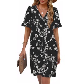 OFEEFAN Womens Black Floral Dresses Summer Boho Short Sleeve Ruffle Dress with Pockets M