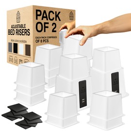 Home Intuition Heavy Duty Adjustable Bed Risers Furniture Riser 3, 5 or 8-Inch, 2 Pack, 16 Pieces Set (White W/USB)