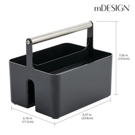 mDesign Plastic Shower Caddy Storage Organizer Utility Tote, Divided Basket Bin - Metal Handle for Bathroom, Dorm, Kitchen, Holds Soap, Shampoo, Conditioner - Aura Collection - Black/Brushed Chrome