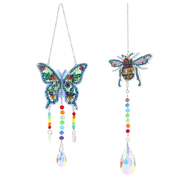 MultiValue 2 Pcs 5D Diamond Picture Suncatchers, DIY Double Sided Crystal Window Hanging Ornament Paint by Number Diamond Picture Wind Chime for Garden and Home Décor (01#)