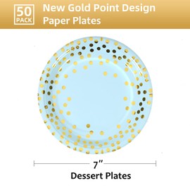CENLBJ Blue & Gold Dots Party Paper Plates, 50 PCS Disposable Party Supplies Dessert Paper Plates for Baby Shower,Birthday Party Decorations(7 inches)