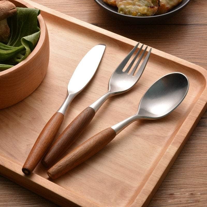 Avocrafts Flatware Silverware Cutlery Set, Stainless Steel, Teak Wood Dining